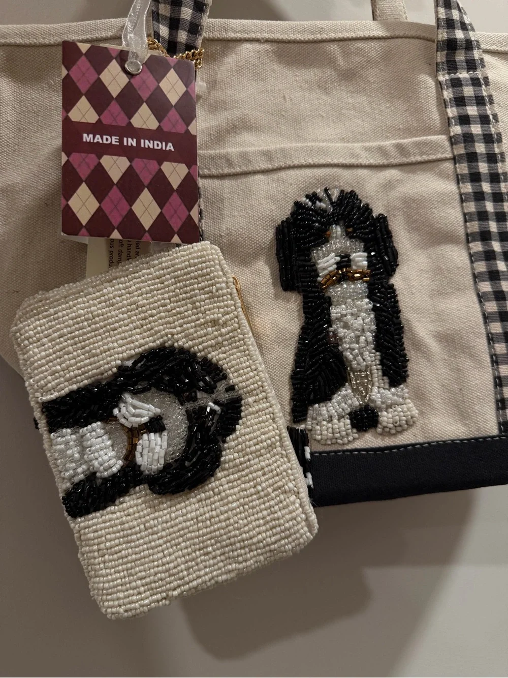 NWT Mini Canvas Beaded Berenedoodle Dog Tote Bag with Coin Pouch - Beige & Black